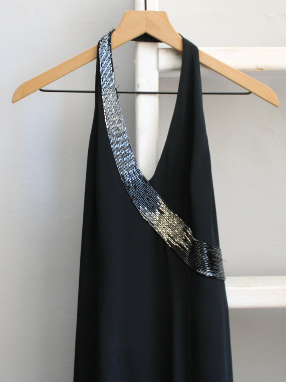 Niteline VTG Y2K Black Silver Beaded Halter Neckline Maxi Formal Dress Size 8 - Picture 5 of 9